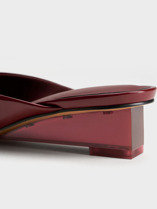 Patent Translucent-Heel Wedge Mules, Burgundy, hi-res