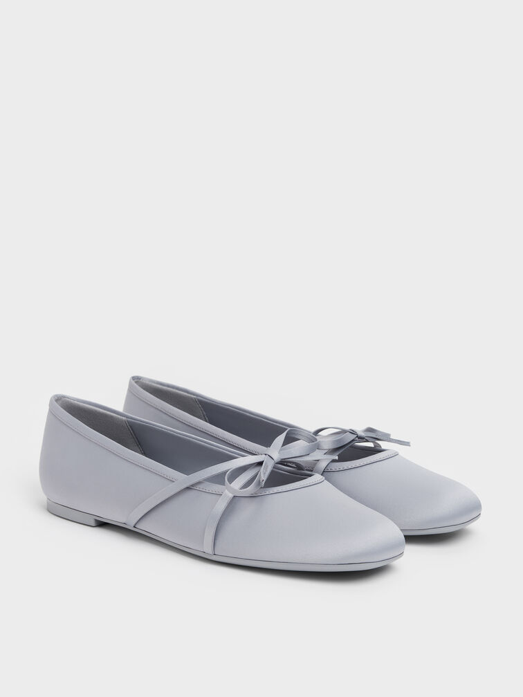Satin Bow Ballet Flats, Grey, hi-res