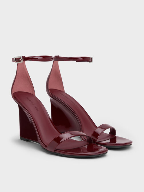 Patent Ankle-Strap Wedges, Burgundy, hi-res