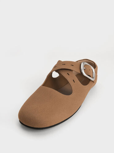 Faux Suede Crossover-Strap Mary Janes, Brown, hi-res