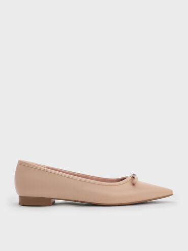 Bow Pointed Ballet Flats, Nude, hi-res