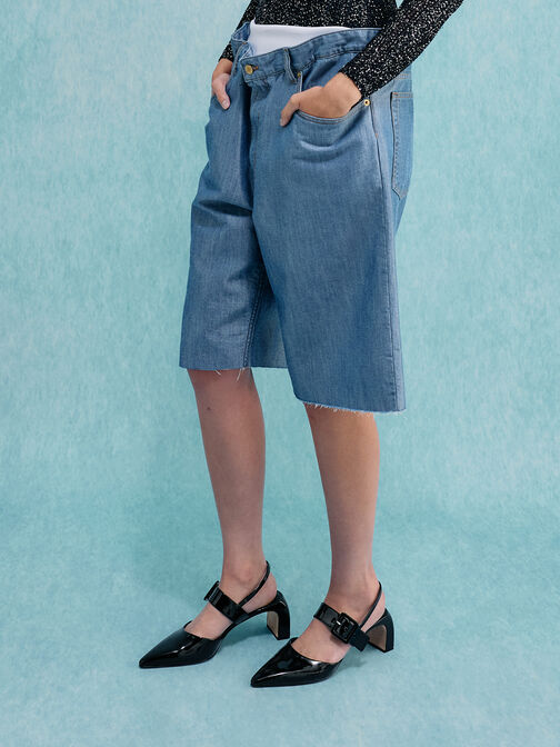 Patent Buckled Pointed Slingback Pumps, Black Patent, hi-res