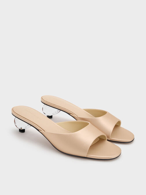 Satin Crystal-Heel Mules, Gold, hi-res