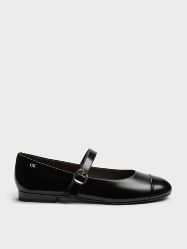 Leather Cap-Toe Mary Janes, Black, hi-res