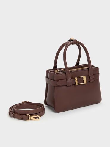 Jody Leather Belted Tote Bag, Brown, hi-res