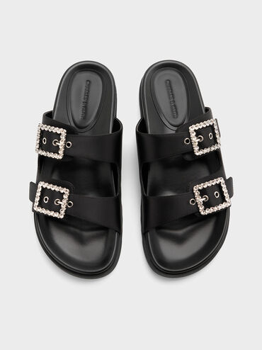 Gem-Buckle Double-Strap Sandals, Black Textured, hi-res