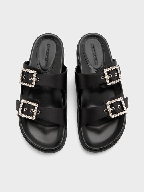 Gem-Buckle Double-Strap Sandals, Black Textured, hi-res