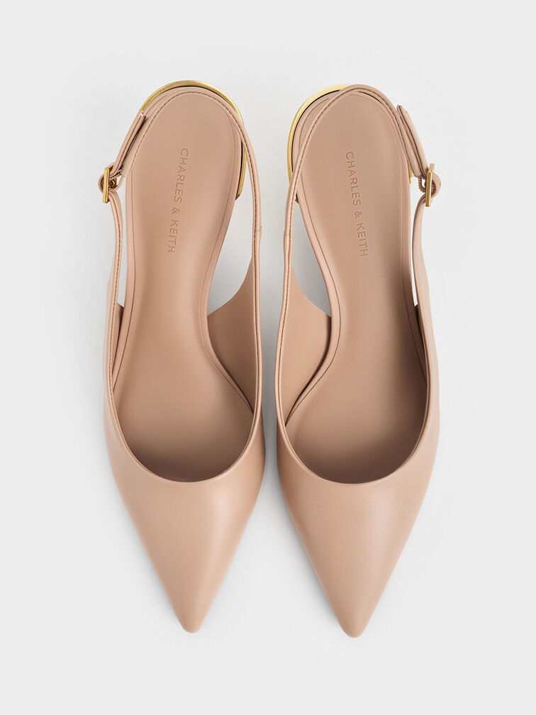 Metallic Kitten-Heel Slingback Pumps, Nude, hi-res