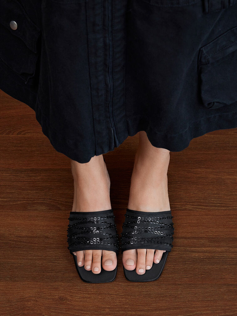 Mesh Sequinned Block-Heel Mules, Black Textured, hi-res