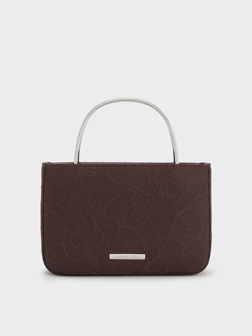 Jennis Lace & Satin Top Handle Bag, Dark Brown Textured, hi-res