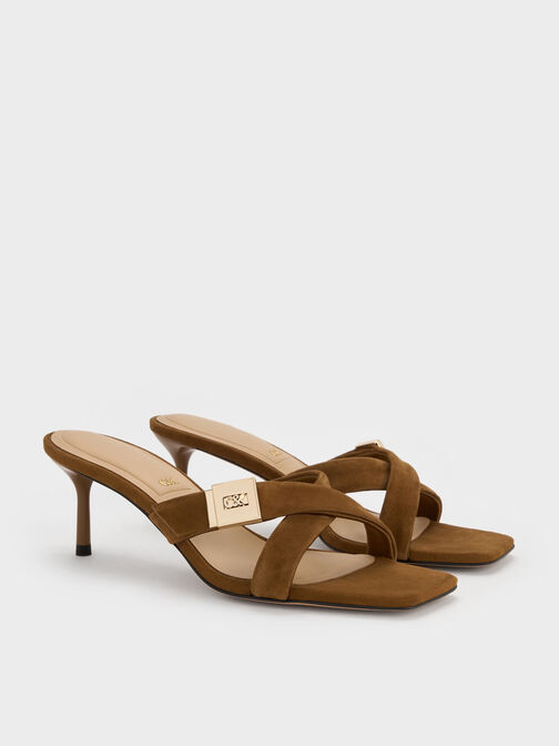 Cody Suede Crossover Heeled Mules, Brown, hi-res