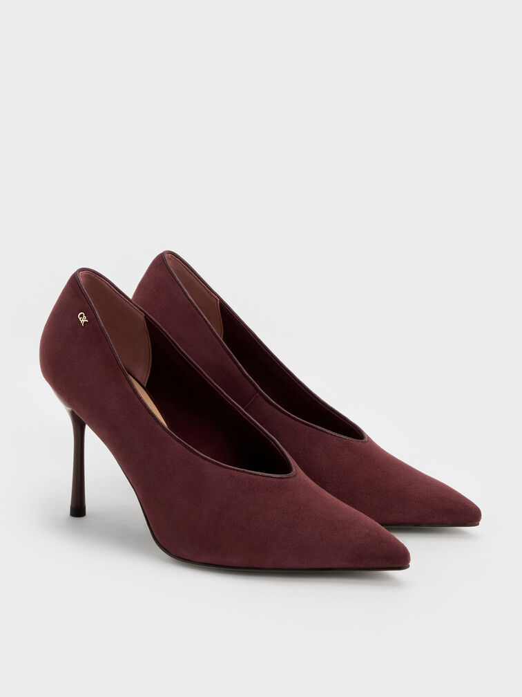 Leather & Suede Pointed Pumps, Burgundy, hi-res