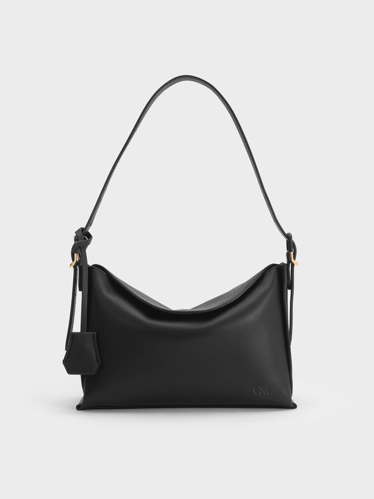 Leather Top-Flap Hobo Bag, Black, hi-res