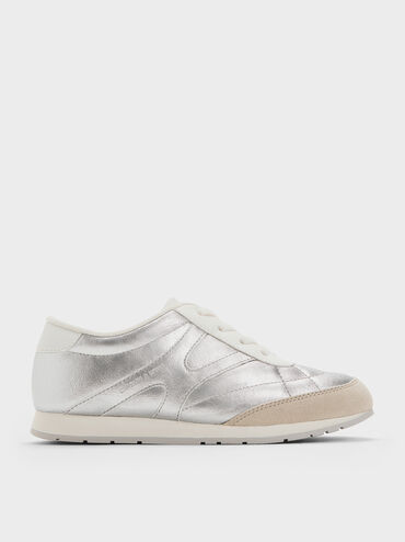 Girls' Faux Suede Metallic Sneakers, Silver, hi-res