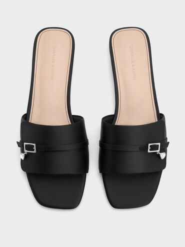 Teardrop-Crystal Buckled Slide Sandals, Black Textured, hi-res