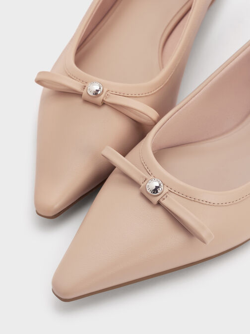 Bow Pointed Ballet Flats, Nude, hi-res