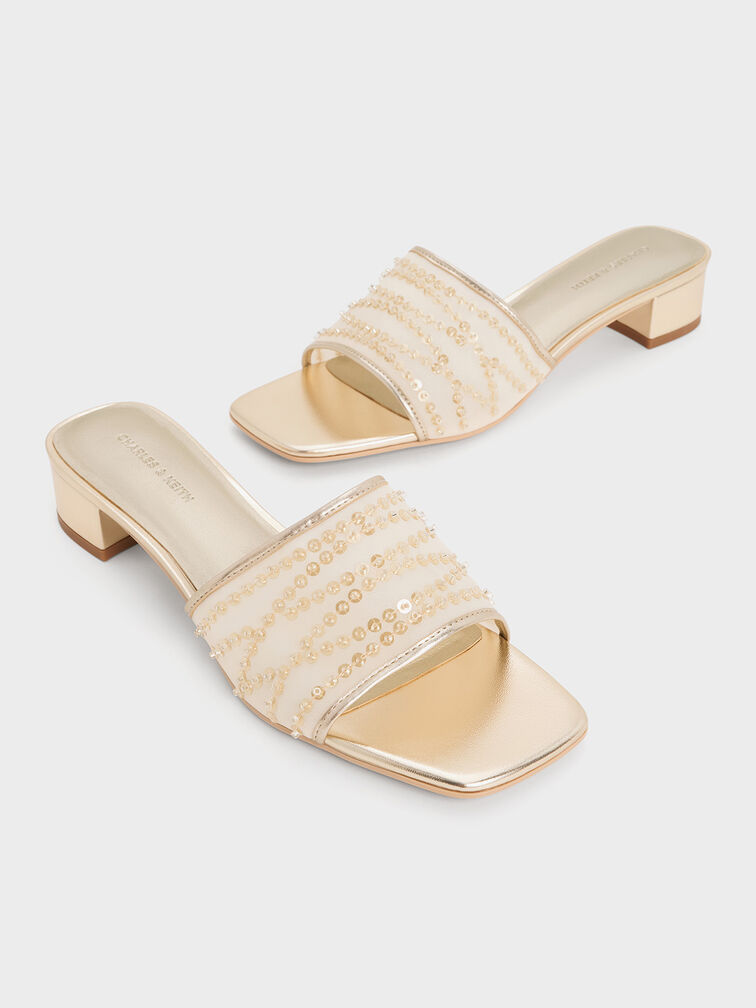 Mesh Metallic Sequinned Block-Heel Mules, Gold, hi-res