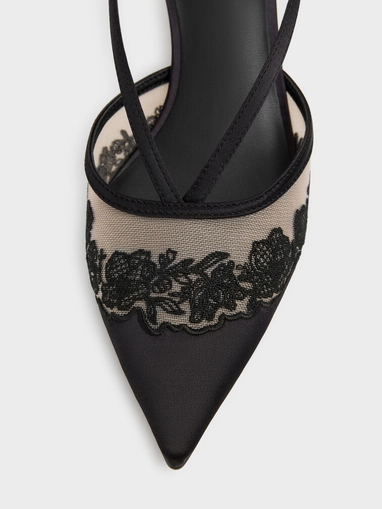 Satin Embroidered-Mesh Slingback Kitten Heels, Black Textured, hi-res