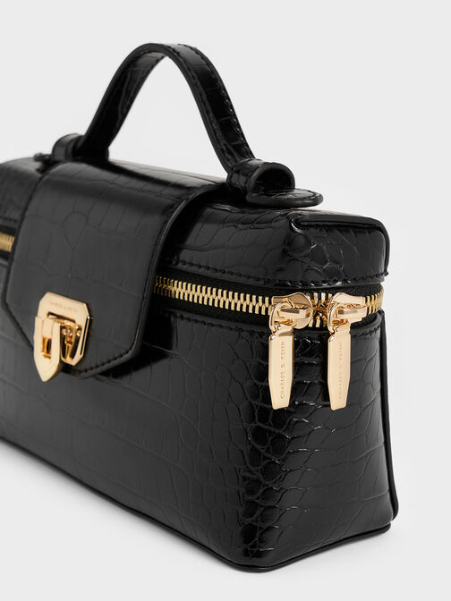 Arwen Croc-Effect Top Handle Vanity Bag, Black, hi-res