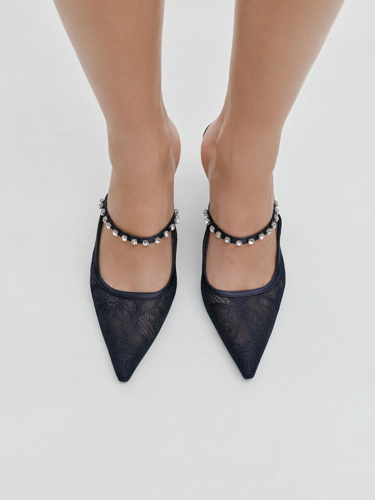 حذاء بكعب مرتفع مفتوح من الخلف (مولز) من الدانتيل والساتان  مطعم بالكريستال, أزرق داكن, hi-res