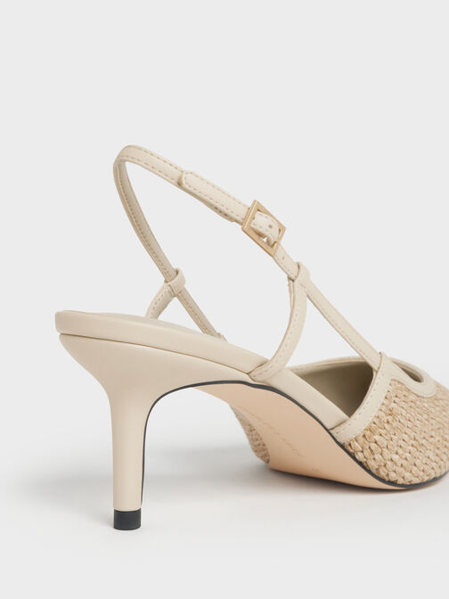 Raffia Pointed-Toe Slingback Pumps, Taupe, hi-res