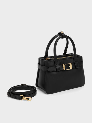 Jody Leather Belted Tote Bag, Black, hi-res