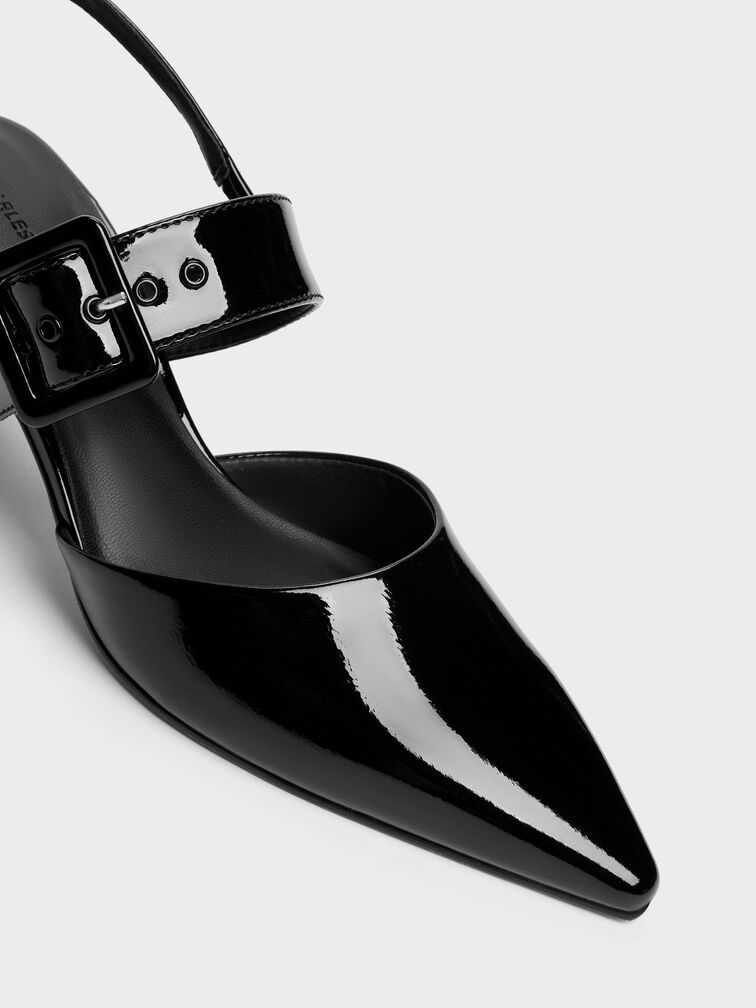 Patent Buckled Pointed Slingback Pumps, Black Patent, hi-res