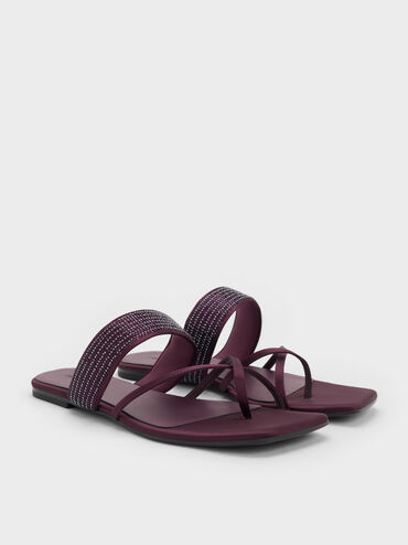 صندل ساتانكروس أوفر مزين بالكريستالات مع حلقة إصبع, برغندي, hi-res