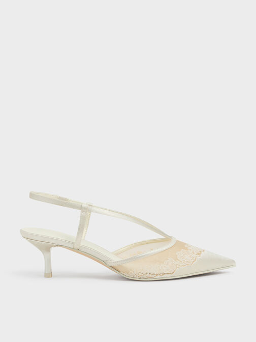 Satin Embroidered-Mesh Slingback Kitten Heels, White, hi-res