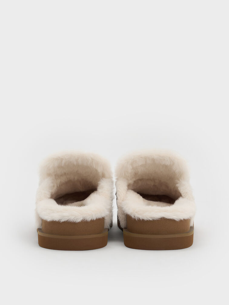Furry Flatform Mules, Brown, hi-res