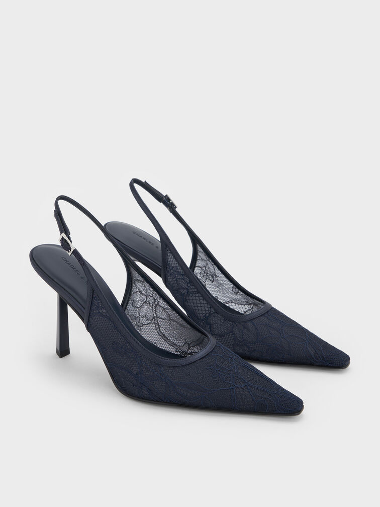 Lace & Satin Slingback Pumps, Dark Blue, hi-res