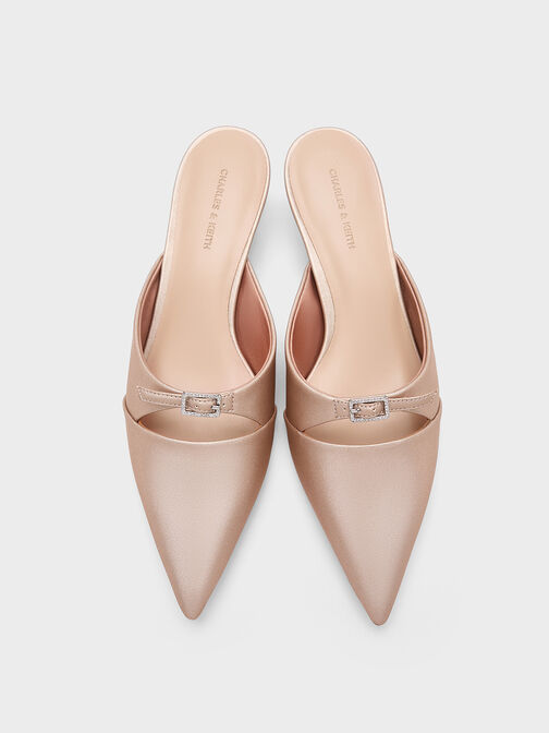 Crystal-Buckle Pointed-Toe Kitten-Heel Mules, Nude, hi-res
