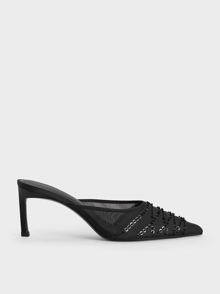 Mesh Sequinned Heeled Mules, Black Textured, hi-res