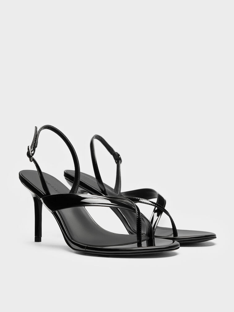 Patent Stiletto Thong Sandals, Black Patent, hi-res