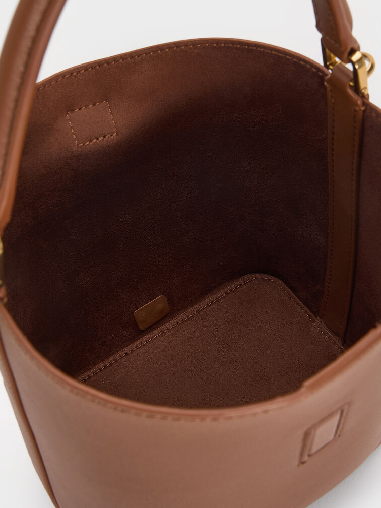 حقيبة باكت (دلو) غابين من الجلد بحزام ومقبض علوي, شوكولاتي, hi-res