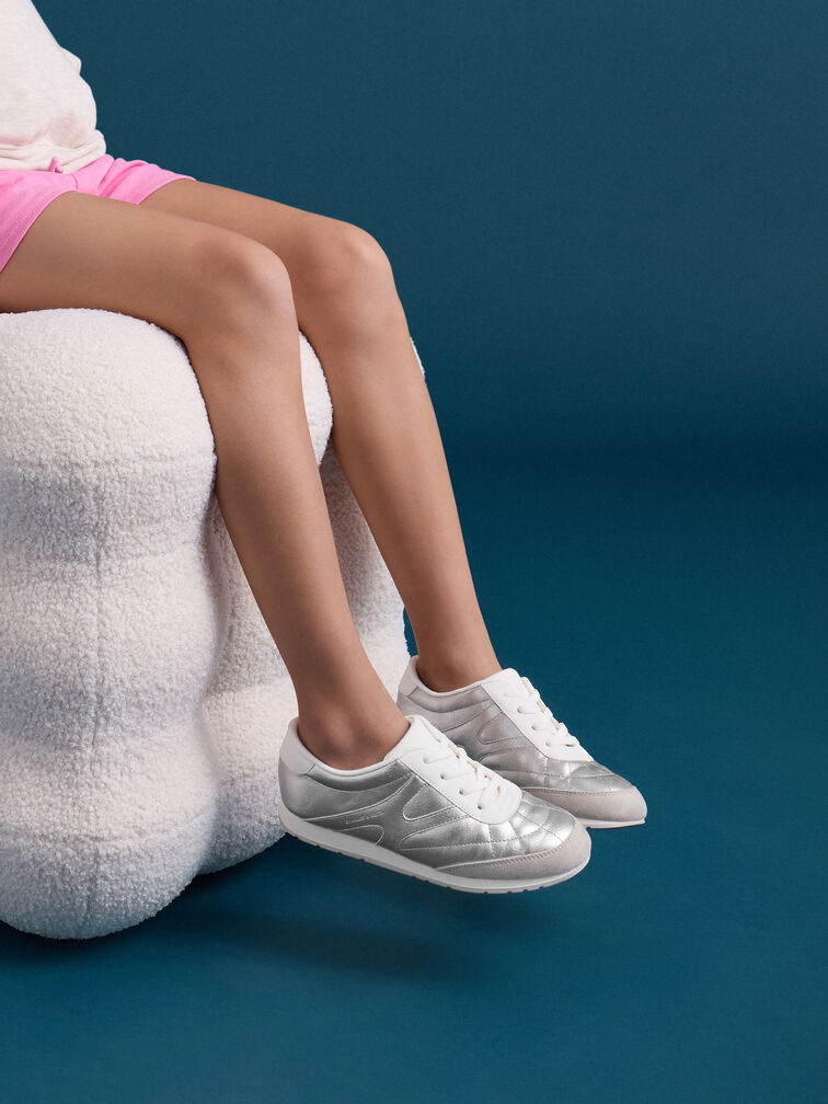 Girls' Faux Suede Metallic Sneakers, Silver, hi-res