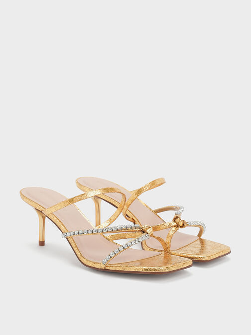 Textured Gem-Embellished Strappy Heeled Sandals, Gold, hi-res