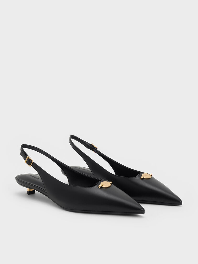 Metallic-Accent Kitten-Heel Slingback Pumps, Black, hi-res