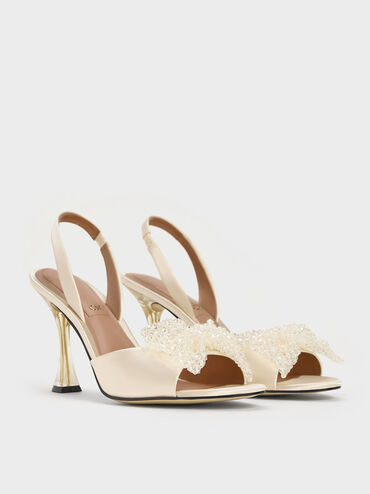 Beaded Bow Slingback Pumps, Champagne, hi-res