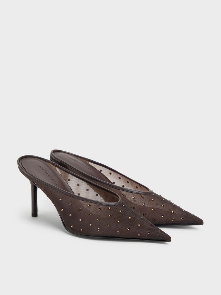 Mesh Crystal Pointed Heeled Mules, Dark Brown Textured, hi-res