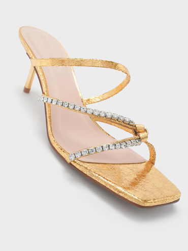 Textured Gem-Embellished Strappy Heeled Sandals, Gold, hi-res