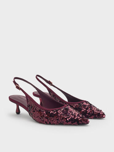 Ruthie Sequinned Slingback Pumps, Burgundy, hi-res