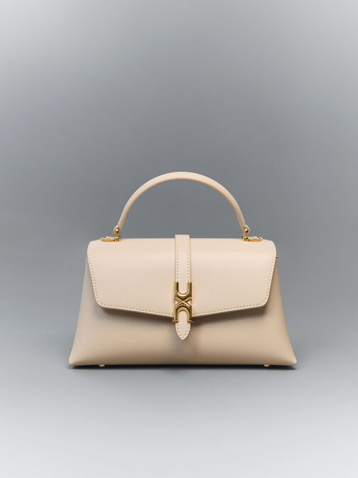 شنطة يد أدالين بمشبك معدني وحزام سلسلة, بيج مخملي, hi-res