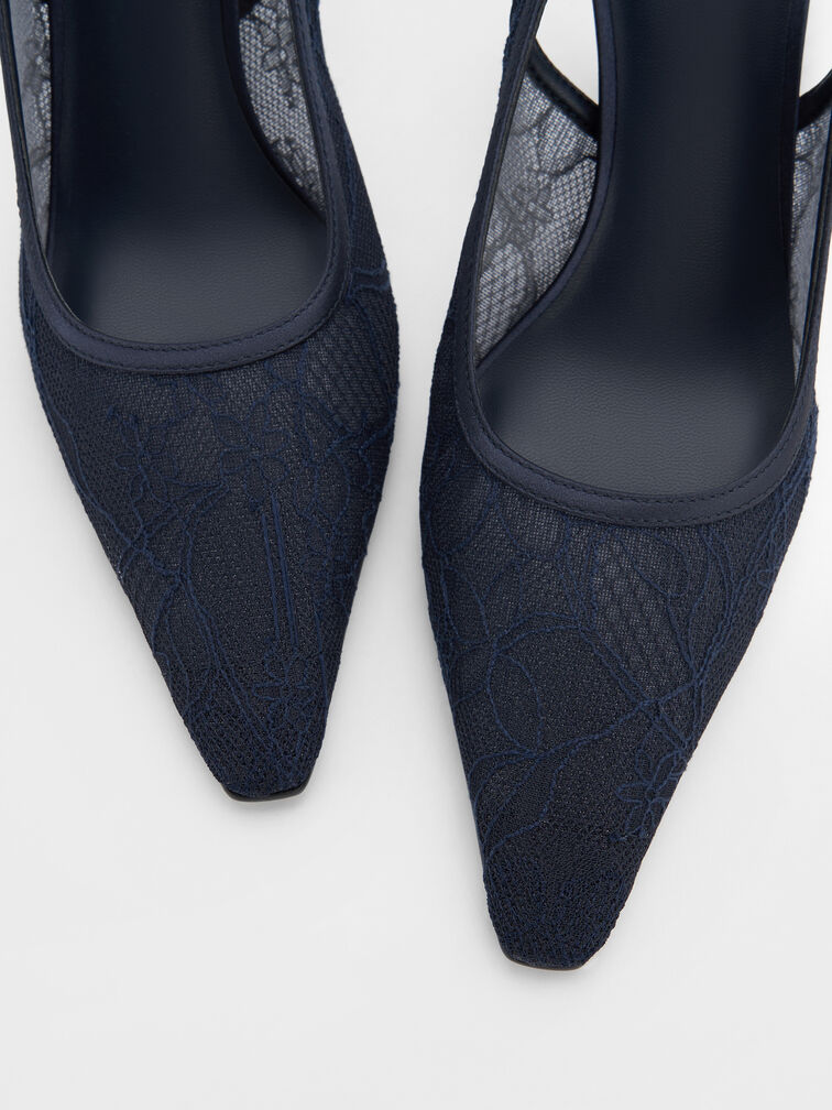 Lace & Satin Slingback Pumps, Dark Blue, hi-res