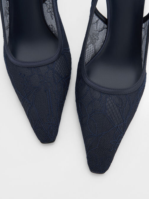 حذاء من الدانتيل والساتان مفتوح من الخلف بكعب (بامبس), أزرق داكن, hi-res