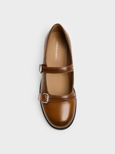 Double-Strap Brogue Mary Janes, Tan, hi-res