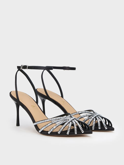Jaylene Gem Peep-Toe Stiletto Sandals, Black Textured, hi-res