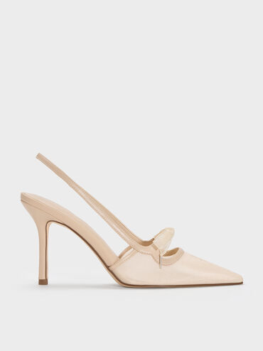 Venetia Mesh Bow Pointed Slingback Pumps, Nude, hi-res