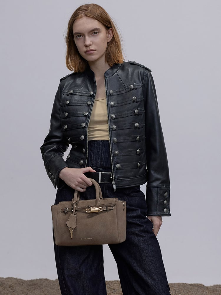 Stone Grey Pansy Trapeze Top Handle Bag - CHARLES & KEITH