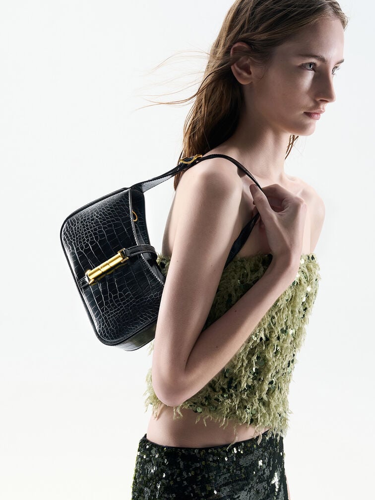 حقيبة كتف نسائية سيسيا بنقشة جلد التمساح ولمسات معدنية – أسود | تشارلز آند كيث